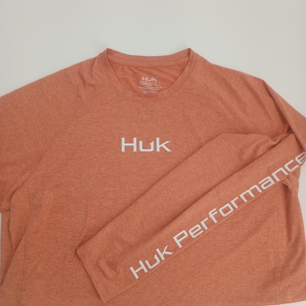 Huk Performance Fishing Shirt Mens Large Orange Long Sleeve Raglan Crew Neck